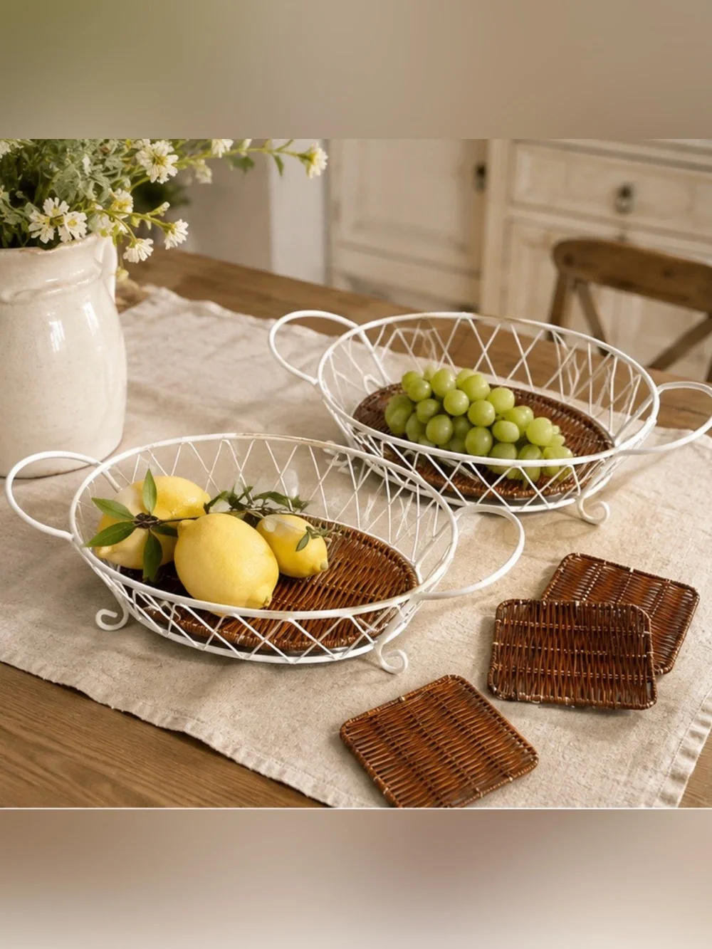 White Wire Wicker Serving Basket Set French Country Cottagecore Kitchen Decor